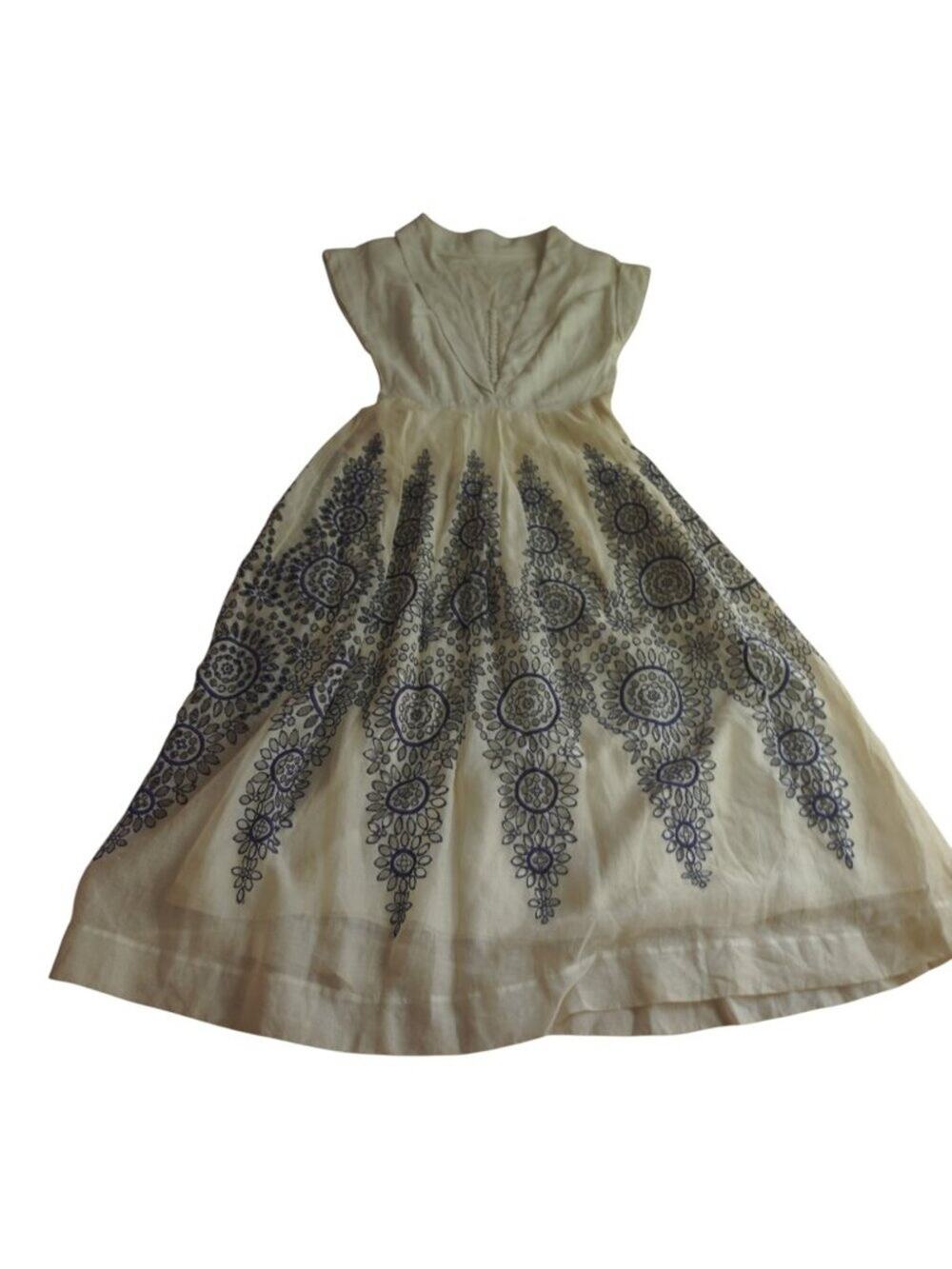 Vintage Handmade XXS XS Ivory Navy Embroidered Chiffon Tea Dress